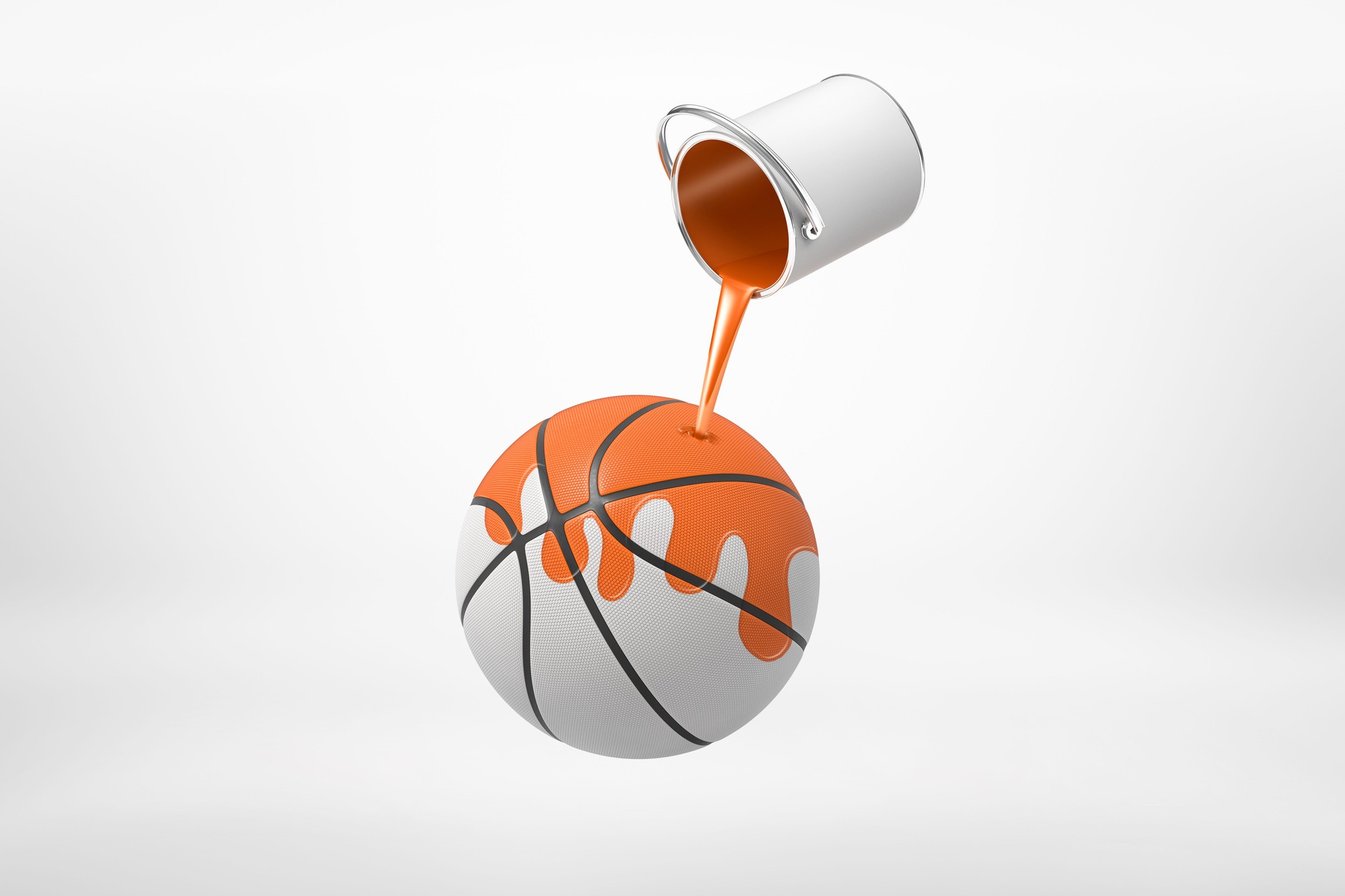 3d rendering of small silver paint bucket turned upside down with orange paint pouring on white basketball ball isolated on white background